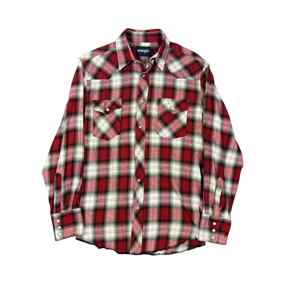 Wrangler Flannel‎ Western Pearl Snap Shirt Men's Large Reg Red Plaid Cowboy